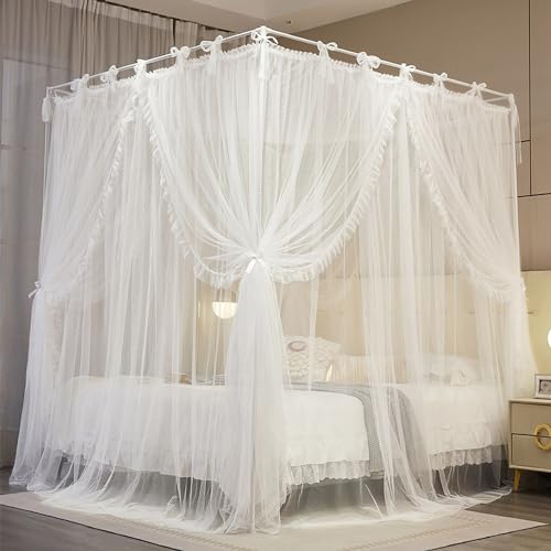 NXGIO 4 Corners Post Princess Curtain Bed Canopy Lace Up Double Layer 4 Opening Mosquito Net Mesh for Girls Bedroom Decora...