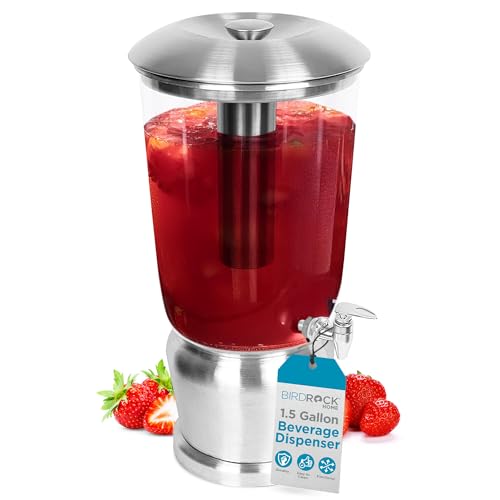 BirdRock Home 1.5 Gallon Stainless Steel Beverage Dispenser with Ice Container, Stand & Spigot - Round - BPA Free Clear Tr...