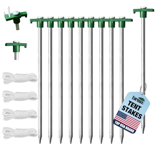 Eurmax USA Galvanized Non-Rust Camping Family Tent Pop Up Tent Stakes Canopy Anchors Heavy Duty 10pc-Pack, with 4x10ft Rop...