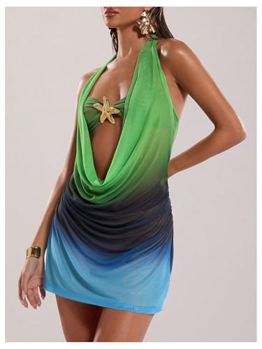 SOLY HUX Women's Y2k Halter Mini Dress Ombre Deep Cowl Neck Backless Bodycon Beach Dresses Vacation Outfit