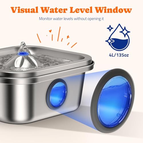 Cat Water Fountain Stainless Steel, 4L/135oz Cat Fountain, Automatic Dog Drinking Dispenser with Water Level Window, 10 Fi...