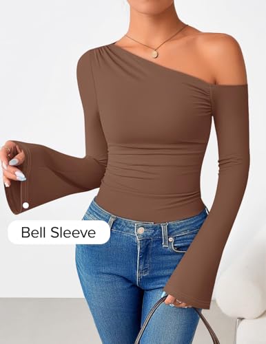 ZESICA Women's Off Shoulder Tops Bell Long Sleeve Shirts 2026 Spring Trendy Going Out Ruched Tight Fitted Y2K Clothes