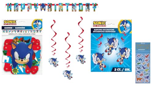 Sonic Birthday Party Supplies Bundle includes 1 Happy Birthday Paper Banner 6.25ft, 3 Hanging Swirl Decorations, 1 Dinosau...