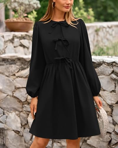 BTFBM Women's Casual Short Dress 2025 Bow Tie Front Puff Long Sleeve Button A Line Cute Y2K Going Out Dresses Pockets