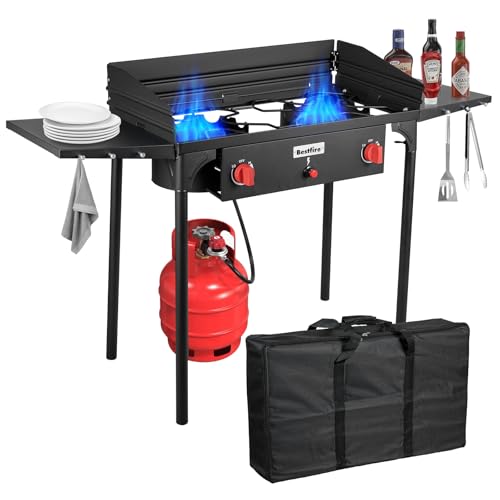 Bestfire 2 Burner Camping Stove with Windpanel& Side Shelves, Bag, Auto Ignition Button,Regulator,150,000 BTU Camping Stov...