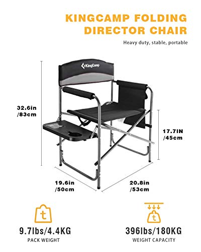 KingCamp Camping Foldable Padded Director Arm Chair with Side Table and Pocket, Grey