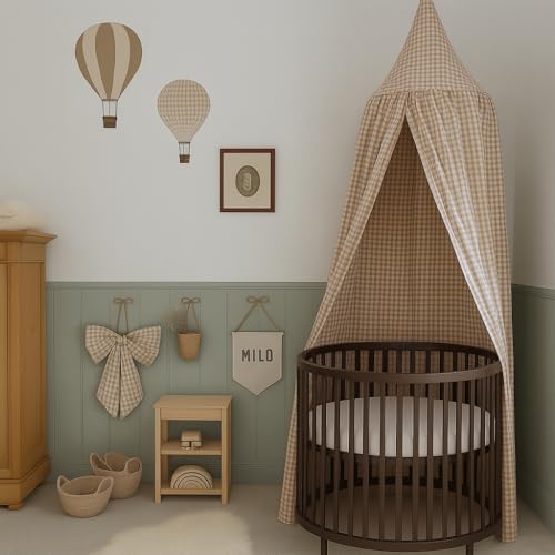 Wonder Space Kids Bed Canopy - Neutral Beige Gingham Checkered Design for Nurseries | Soft Cotton Decorative Tent for Baby...