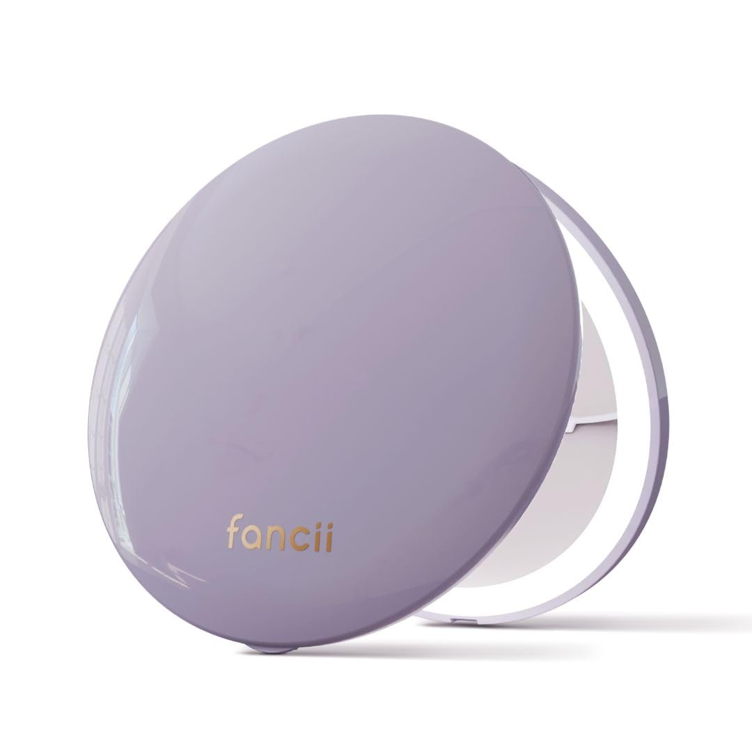 Fancii Mini Taylor Compact Magnifying Mirror with LED Light, 10x/1x, Rechargeable, 3 Light Settings, Dimmable - Small Lighted Travel Handheld Mirror for Pocket, Handbag, Purse, 2-Sided (Purple)