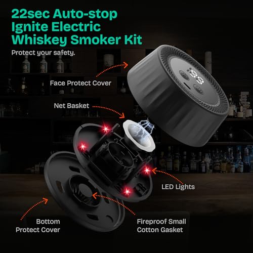 Electric Whiskey Smoker Kit with Led Lights, 4 Reusable Ice Cubes and 6 Flavors Natural Wood Chips, Old Fashioned Bourbon ...