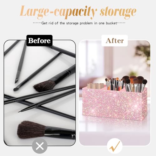 Bling Makeup Brush Holder Organizer, 3 Slot Sparkle Cosmetics Brushes Storage Holders with Shiny Rhinestones, Glitter Cute...
