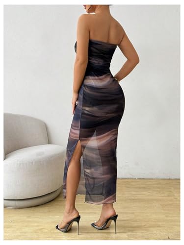 Milumia Women's Tie Dye Printed Ruched Tube Dress Strapless Mesh Split Rave Maxi Dresses