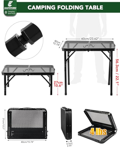 E EASTSTORM 2Ft Small Folding Table with Carry Handle, Adjustable Height 10.6–22 in, Black Metal Mesh, Portable & Compact ...