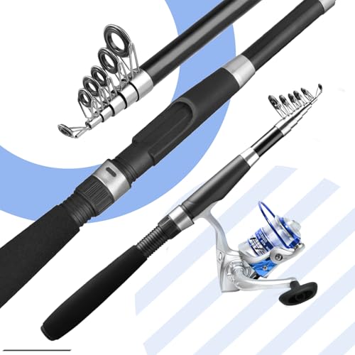 Telescopic Fishing Rod and Reel Combo, 2PACK Carbon Fiber Travel Rod, 2 Collapsible Spinning Reels, 2 100m Line, Carrier B...