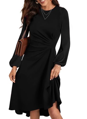 Happy Sailed Women's Long Sleeve Ruched Waist Flowy A Line High Low Midi Cocktail Party Dress