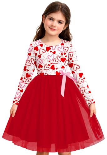 Remimi Girls Valentine's Tutu Dress Long Sleeve Tulle Heart Printed Dresses 3-12 Years