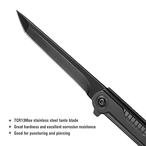FUNBRO EDC Pocket Knife - 7CR13Mov Steel Tanto Blade, Slim Survival Knife with Clip and Liner Lock, Window Breaker for Out...