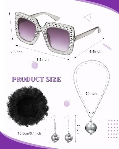 Jexine 70s Women Disco Outfit Costume Disco Party Top Pants Sunglasses Ball Necklace Earring Wig for Halloween New Year Eve