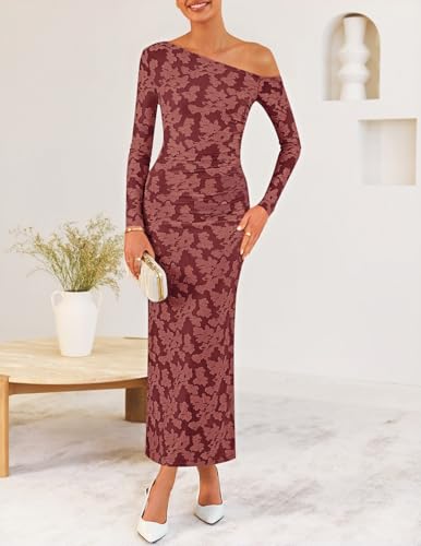 ZESICA Women's Fall Floral Off Shoulder Bodycon Maxi Dresses 2026 Long Sleeve Ruched Elegant Cocktail Party Dress