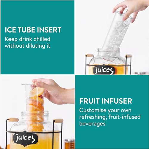Navaris Glass Jar Drink Dispenser with Tap - Includes Metal Stand, Ice Tube, and Fruit Infuser - For Cocktail, Lemonade, W...