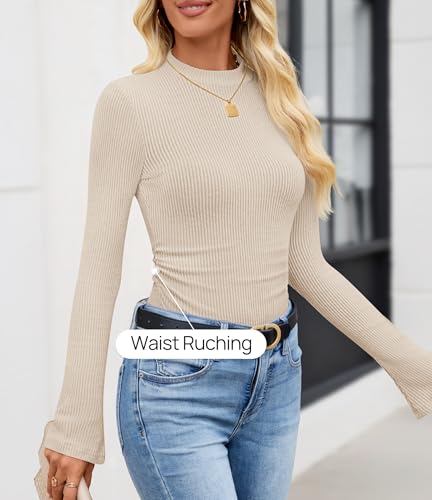 ZESICA Women's Long Sleeve Shirts 2026 Spring Mock Neck Ribbed Slim Fit Tops Basic Tees Dressy Casual Outfits Clothes
