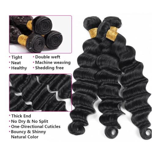 Loose Wave Human Hair Bundles with Closure(14 16 18+12 Inch,Free Part) Pre Plucked with Baby Hair 12A Unprocessed Loose Deep Wave Bundles with 4x4 Closure Human Hair