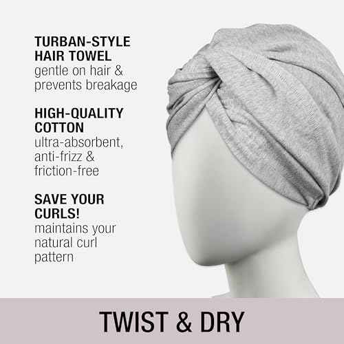 CONAIR Cotton Twist & Wrap Hair Towel, Fast Drying Ultra-Absorbent Hair Plop for All Types and Lengths, Turban-Style Cotton Towel Helps Maintain Natural Curl Style, Gray