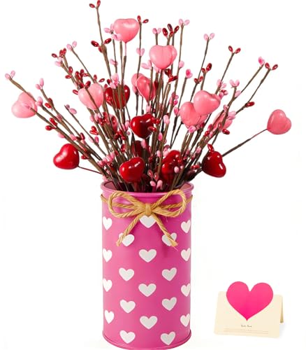 Aovaely Valentine & Galentine's Day Table Centerpiece Decor, Artificial Heart Flower Stems with Metal Pots, Valentines Gal...