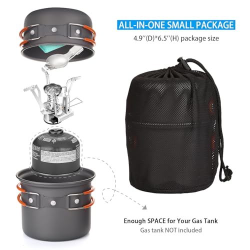 Odoland 6pcs Camping Cookware Mess Kit with Lightweight Pot, Stove, Spork and Carry Mesh Bag, Great for Backpacking Outdoo...