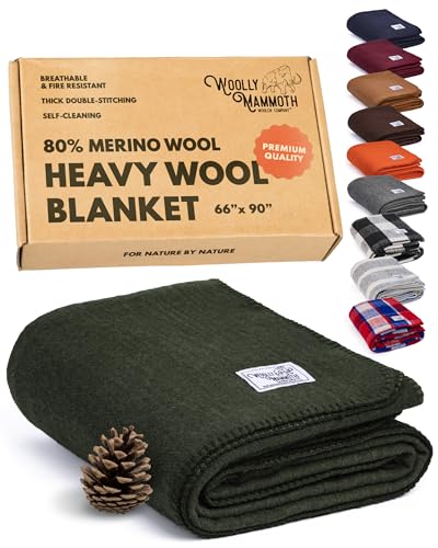 Woolly Mammoth Woolen Company Wool Blanket - 66 x 90 in, Moss, 80% Merino Wool - Camping Blankets for Cold Weather - Doubl...