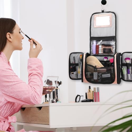 GlikCeil Dance Hanging Makeup Bag with Mirror Travel Toiletry Bag with Hanging Hook Cosmetics Organizer for Women Glitter ...