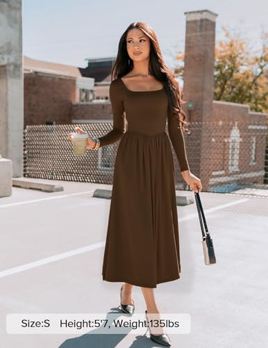 ZESICA Spring Dresses for Women 2026 Elegant Classy Square Neck Long Sleeve Flowy Wedding Guest Party Midi Dress