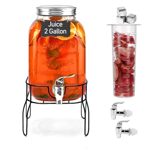 2 Gallon Drink Dispensers for Parties, Sun Tea Glass Jar for Outside 2 Press-Spigots(Easy for Kids) Juice Dispensers for P...