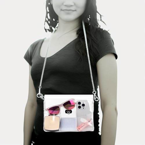 JOMPARO Clear Purses for Women Stadium Events Clear Crossbody Bag with Metal Chain
