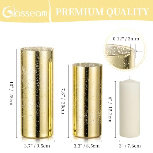 Glasseam Gold Cylinder Vases for Centerpieces: 6 Modern Mercury Hurricane Glass Vase Set for Flowers - Decorative Golden P...