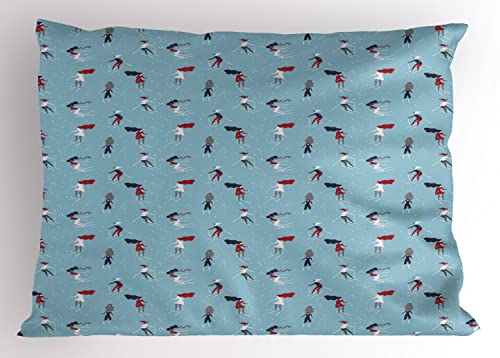 Lunarable Winter Pillow Sham Set of 2, Cartoon Skier Girls Pattern Frozen Pond Outdoor Theme Extreme Sports, Quality Micro...