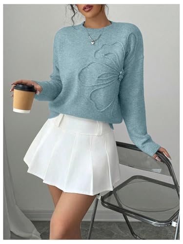RoseSeek Women's 3D Floral Appliques Crewneck Sweaters Long Sleeve Drop Shoulder Pullovers Elegant Knit Tops