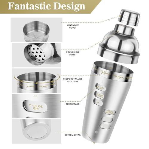 Cocktail Shaker Martini Shaker Set with Recipe, 24 oz Martini Shaker Drink Shaker Drink Mixer Stainless Steel Cocktail Sha...