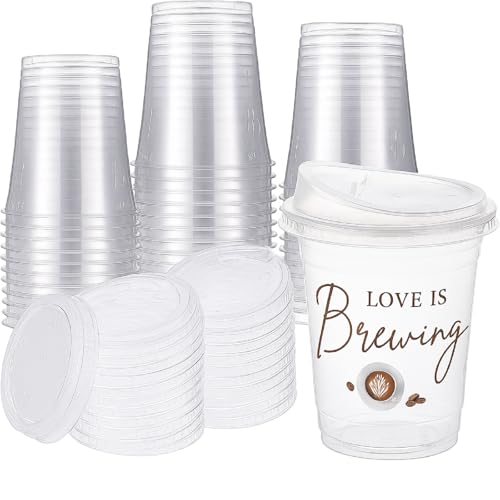 Willinglong 50 Pack Love Is Brewing Bridal Shower Cups Wedding Coffee Cups with Strawless Sip Lids 12 oz Love Is Brewing I...
