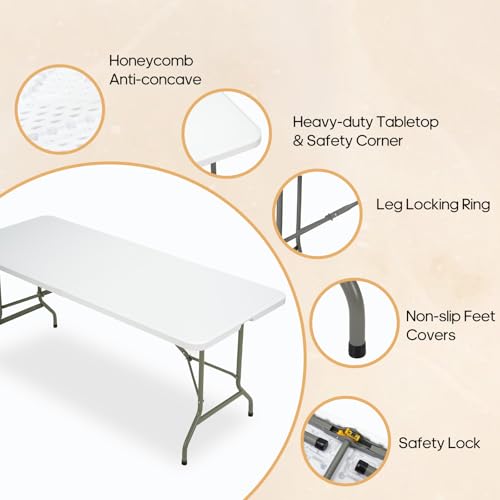 Folding Table 6ft, Heavy-Duty 500lbs Weight Capacity Foldable Table with HDPE Top & Steel Legs, Portable 6 Foot Picnic Tab...