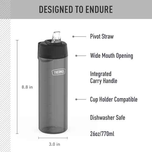 THERMOS ICON SERIES Lightweight Hydration Bottle - Durable Water Bottle Made with Tritan by Eastman with Straw Lid for Quick and Easy Drinking Experience - 26oz, Smoke