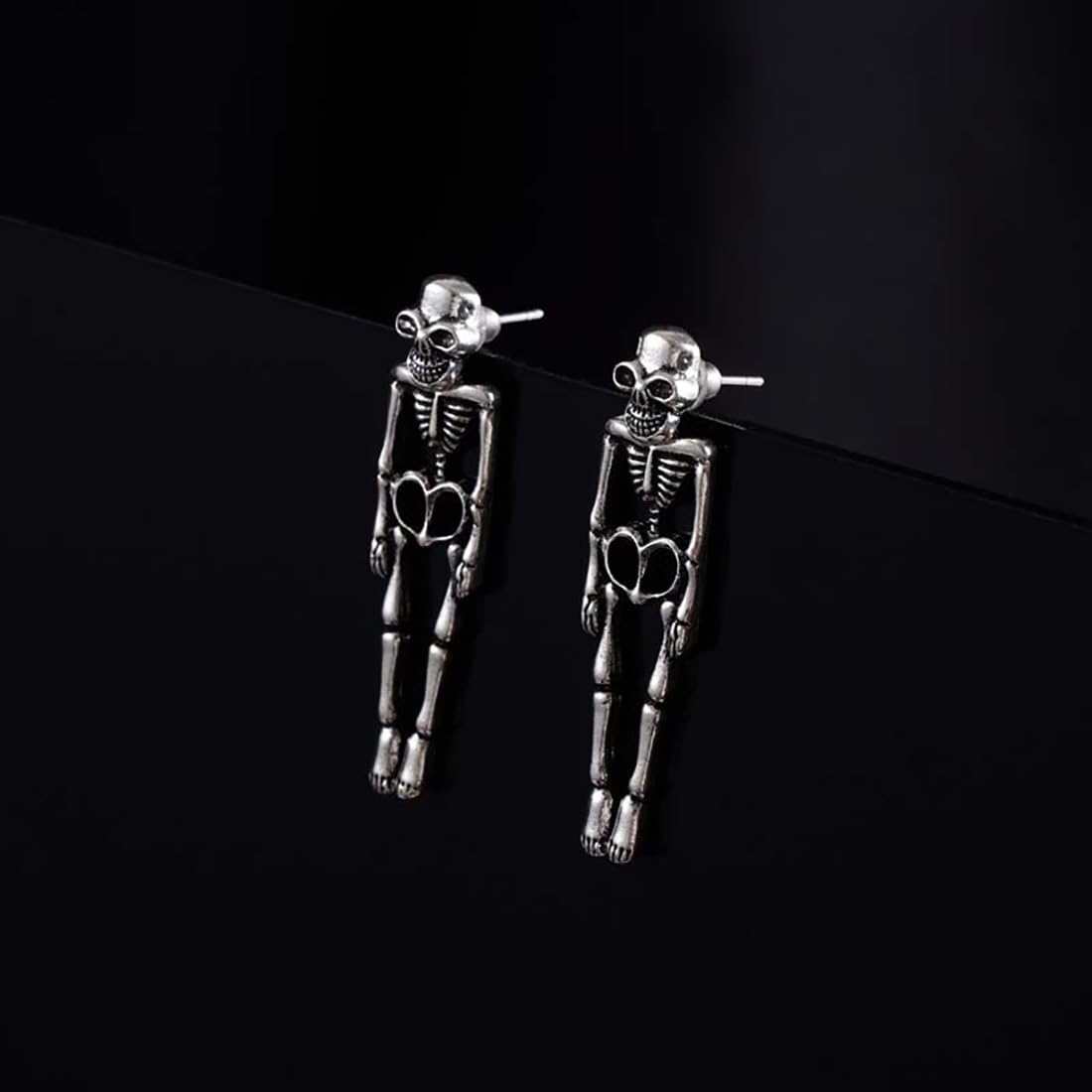 Gothic Skull Earrings Punk Skeleton Groom Bride Front Back Stud Earrings Halloween for Women Girl (Silver)