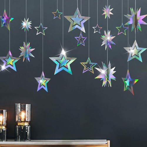 Cheerland Iridescent Star Garland Decorations Holographic Hanging Star Party Decoration Galaxy Birthday Decor Ramadan Eid ...