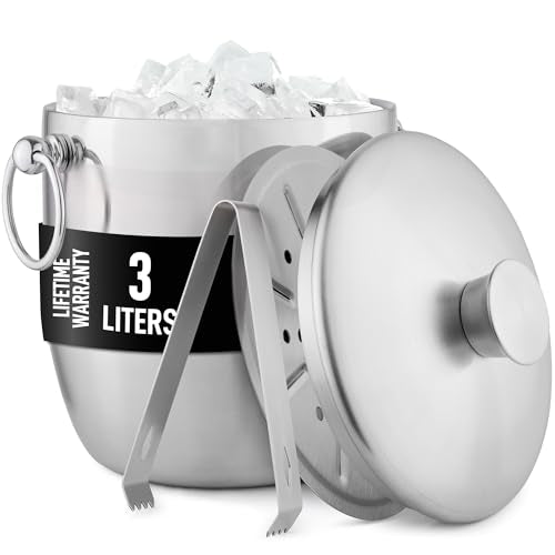 Zulay Kitchen Premium Stainless Steel Double-Wall Insulated Ice Bucket Kit – 3L, Leak-Proof, Stylish Drink Cooler for Part...