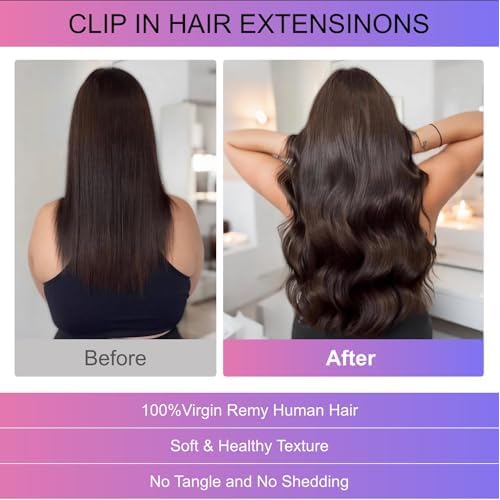 Dark Brown Clip in Hair Extensions, 2 Dark Brown Hair Extensions Real Human Hair, Invisible Seamless Remy Human Hair Clip Extensions for Women 8pcs Per Set with Double Weft 26 Inch 130g