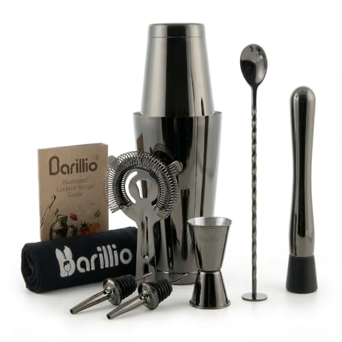 Barillio Black Boston Shaker Set - Stainless-Steel, Weighted Martini Cocktail Shaker Set w/Strainer & Mixer - Mixology Bar...