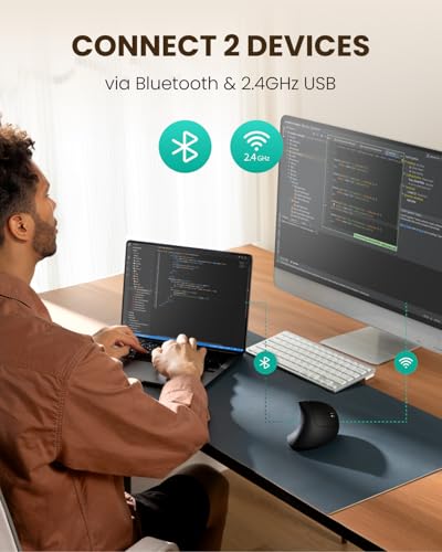 POJTK Ergonomic Wireless Rechargeable Mouse, Bluetooth+USB A+Type C(3 in 1) Connection, 5 Levels Up to 4800 DPI, 6 Silent ...