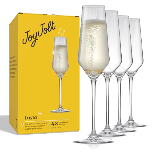 JoyJolt Champagne Glasses Layla Collection, Set of 4 – 6.7 oz Elegant Crystal Stemmed Champagne Flutes for Prosecco, Spark...