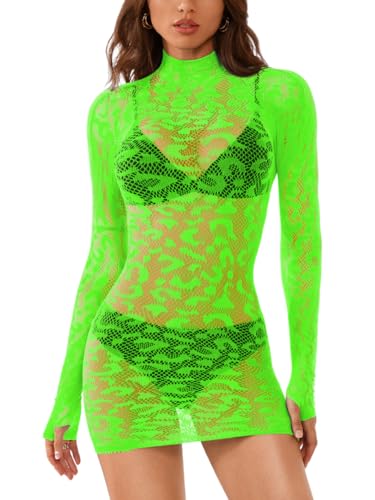 EHSUYAB Women Sexy Leopard Mini Fishnet Bodycon Dress, Long Sleeve Sheer Mesh, Going Out Rave Party Exotic Dancer Outfit 0-14
