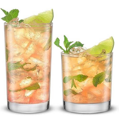 JoyJolt Alain Drinking Glasses Set of 8 Glass Tumblers. Highball 14oz Bar Glasses and Lowball 10oz Rocks Glasses Set. Cock...