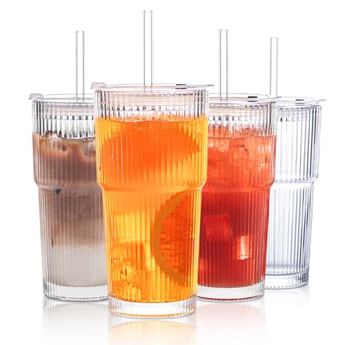 INSETLAN 20 oz Ribbed Glass Tumblers with Lids and Glass Straws – 4-Piece Glassware Set, Thickened Wall, Ideal for Iced Co...
